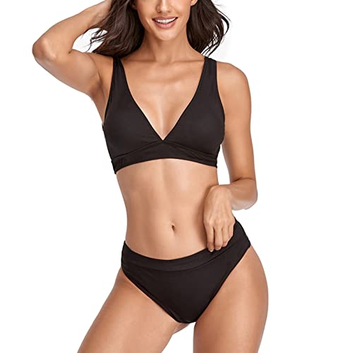 Ausla Damen Bikini Set Zweiteiliger Badeanzug Breiter Riemen Dreieck Triangel Bikini Swimsuit Low Rise Bademode (M-Schwarz) von Ausla