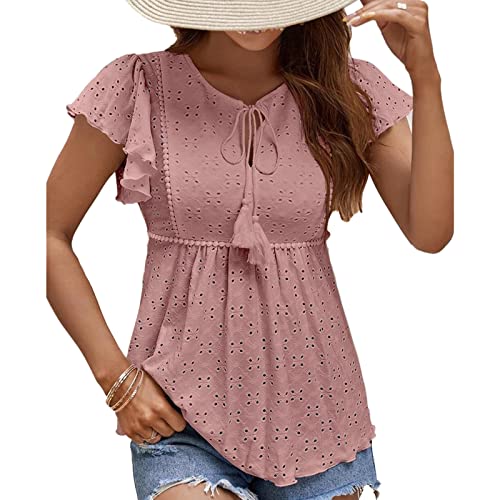 Ausla Damen-Bluse mit Rüschen, Flügelärmeln und Ösen, Vorne Gebunden, V-Ausschnitt, Kurze Ärmel, Schößchen-Bluse (XXL) von Ausla