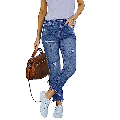 Ausla Damen-Jeans mit Mittlerer Taille, Geradem Bein, Zerrissen, Zerstörter, Roher Saum, Jeans mit Zerrissenen Löchern, Lässige Denim-Hose (L) von Ausla