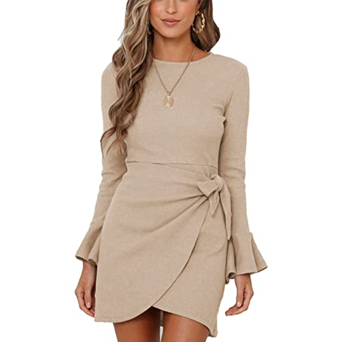 Ausla Damen Langarm Kleid Rundhals Hohe Taille mit Gürtel Polyesterfaser Kleid Bequeme Elegante Reine Farbe(L-Khaki) von Ausla