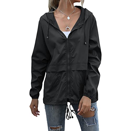 Ausla Damen-Regenmantel mit Kapuze und Reißverschluss, Leichte Winddichte Regenmantel-Outdoor-Jacke für Reisen und Camping(L-Schwarz) von Ausla