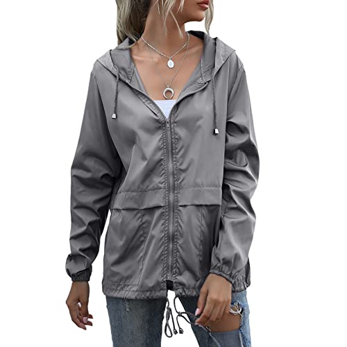 Ausla Damen-Regenmantel mit Kapuze und Reißverschluss, Leichte Winddichte Regenmantel-Outdoor-Jacke für Reisen und Camping(M-Dunkelgrau) von Ausla