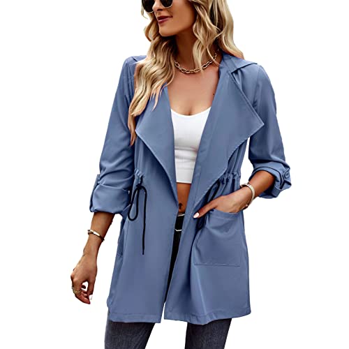 Ausla Damen Umlegekragen Trenchcoat Klassischer Reversmantel Kordelzug Mantel Female Strickjacke(M-Blau) von Ausla