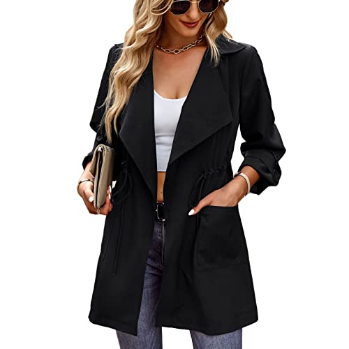 Ausla Damen Umlegekragen Trenchcoat Klassischer Reversmantel Kordelzug Mantel Female Strickjacke(S-Schwarz) von Ausla