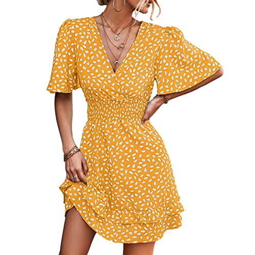 Ausla Damen V-Ausschnitt Midikleid Pagodenhülle Boho Polka Dot Blumen Sommer High Waist Wickel Volant Strandkleid(S-Gelb) von Ausla