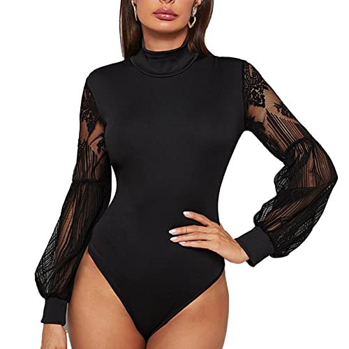 Ausla Frauen Mock Neck Mesh Lace Langarm Slim Bodysuit Jumpsuit für Party Holiday Dating(Black-L) von Ausla