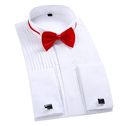 Ausla Herren-Smoking-Hemd Top Wing Tip Collar Langarm-Smoking-Hemd mit Fliege(42-Weiß) von Ausla