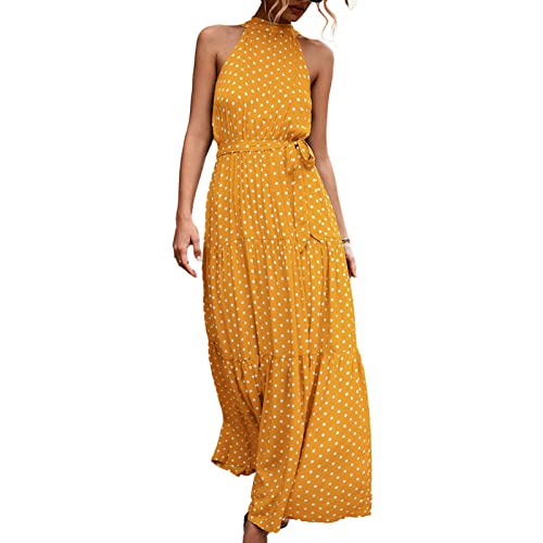 Ausla Kleid Damen Elegant Sommerkleid ärmelloses atmungsaktives Druckmuster Langes Kleid mit Neckholder (S-Gelb) von Ausla