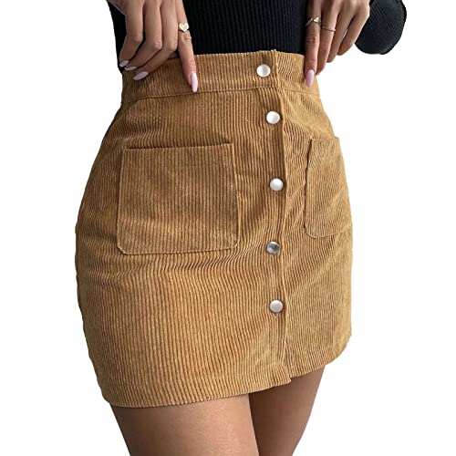 Damen-Cordsamt-Minirock mit Vintage-Knöpfen A-Linie Wickelrock mit Hoher Taille und Taschen(L-Ingwer) von Ausla