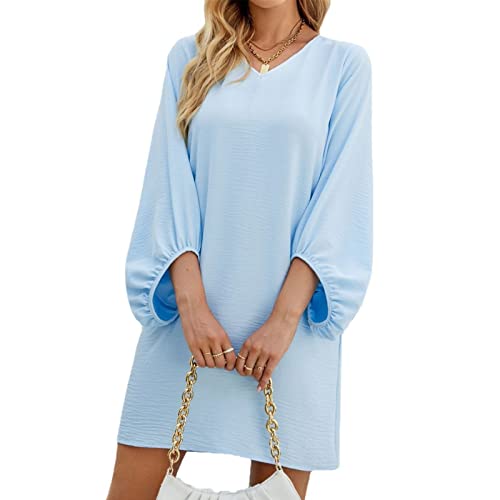 Damen Langarm Lose Kleid Puffärmel Tunika Mini Kleider Strand Elegant Casual A-Linie Kleid (M-Hellblau) von Ausla