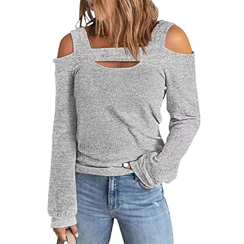 Damen Pullover Herbst Oberteile Sexy Langarm Shirt Schulterfrei Tunika Bluse Tops(XL-Grau) von Ausla