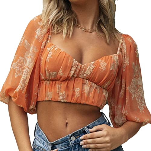 Damen Quadratischer Ausschnitt PuffÄrmel Cropped Tops Blumendruck Tunika Oberteil Sommer Basic Lässig Bluse (XL) von Ausla