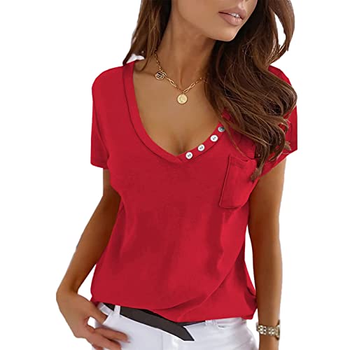 Damen Tshirt V-Ausschnitt Kurzarm Shirts Sommer Bluse mit Tasche Loose Casual Tunika Tops (XL-Rot) von Ausla