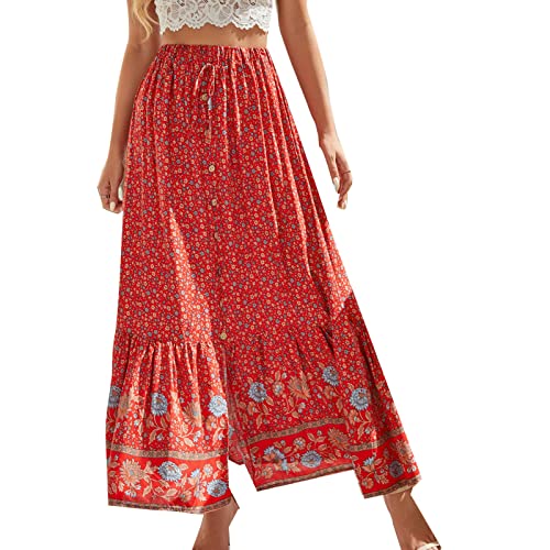 Damen Vintage Floral Boho Langer Rock Knopfleiste Vorne Elastische Hohe Taille Flowy Swing A Line Maxirock (L) von Ausla