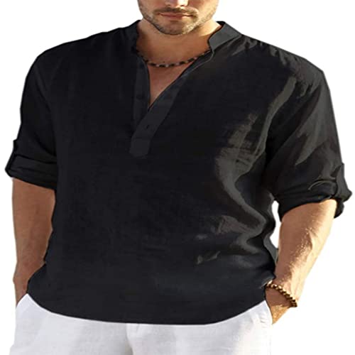 Herren Baumwolle Leinen Hemd Langarm Casual Bluse T Roll Up Ärmel Sommer Strand Shirts Top für Männer Bequemer Sommer (4XL) von Ausla