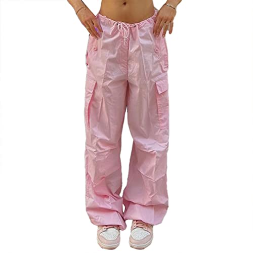 Mädchen Cargohose Multi-Pocket Leichte Freizeithose Fashion Chic Damen Baggy Hose mit Kordelzug Niedrige Taille(M-Rosa) von Ausla