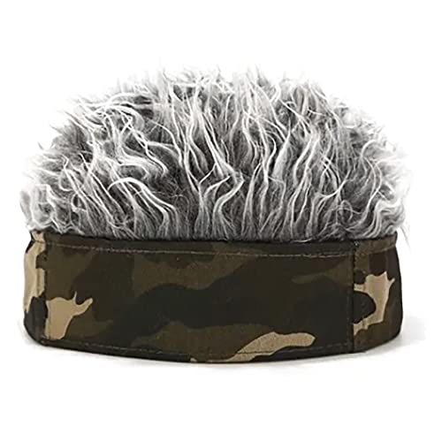 Männer Künstliche Perücke Hut Camouflage Grau Farbe Hip Hop Parodie Krempe Kappe Größe Anpassen Lustige Kurze Haare Perücke Stirnband von Ausla