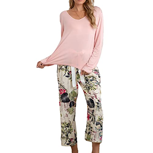 Schlafanzug Damen Zweiteiliger Pyjama Schlafanzug Lang Zweiteilige Loungewear Hausanzug mit Rundhalsausschnitt(M-Rosa) von Ausla