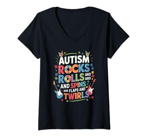 Damen Autism Rocks Rolls Spins Flaps Awareness Jungen Kinder Damen Herren T-Shirt mit V-Ausschnitt Damen Autism Rocks Rolls Spins Flaps Awareness Jungen Kinder Damen Herren T-Shirt mit V-Ausschnitt von Autism Awareness Month Outfit Boys Girls Kids