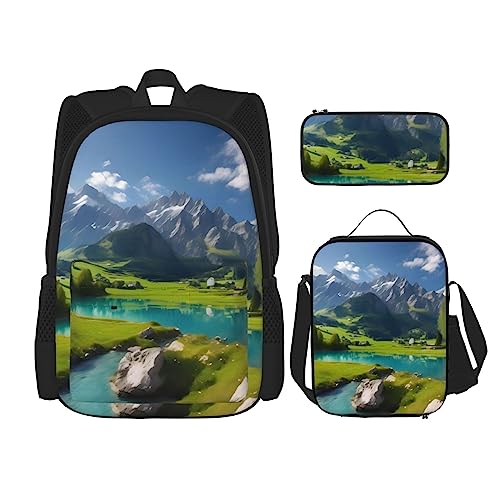 AvImYa Rucksack + Federmäppchen/Beutel + Lunch-Tasche, Kombinationstasche, Schultaschen, Büchertasche, Mädchen, Jungen, Kinder, Studenten, leicht, langlebig, Landschaft des Hochlandsees, Schwarz , von AvImYa