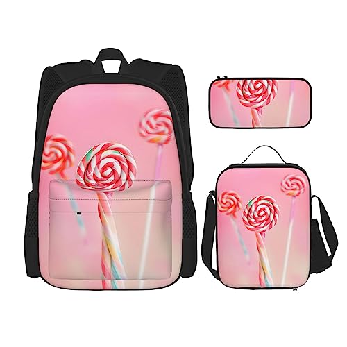 AvImYa Rucksack + Federmäppchen/Beutel + Lunch-Tasche Kombination Schultaschen Büchertasche Mädchen Jungen Kinder Studenten leicht langlebig bunt Lollipop, Schwarz , Einheitsgröße von AvImYa