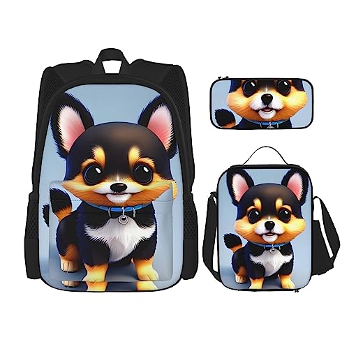 AvImYa Rucksack + Federmäppchen + Lunch-Tasche + Kombinationstasche, Schultaschen, Büchertasche, Mädchen, Jungen, Kinder, Studenten, leicht, langlebig, Karte Liebe Fancy Puppy, Schwarz , Einheitsgröße von AvImYa