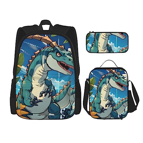 AvImYa Rucksack + Federmäppchen + Lunch-Tasche + Lunch-Tasche Kombination Schultaschen Büchertasche Mädchen Jungen Kinder Studenten Leicht Langlebig Niedlich Dinosaurier, Schwarz , Einheitsgröße von AvImYa