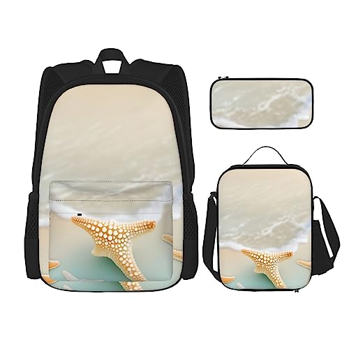 AvImYa Rucksack + Federmäppchen + Lunch-Tasche + Lunch-Tasche Kombination Schultaschen Büchertasche Mädchen Jungen Kinder Studenten Leicht Langlebig Strand Seestern, Schwarz , Einheitsgröße von AvImYa