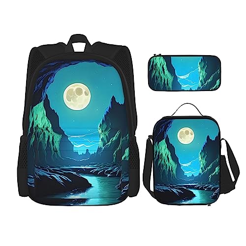 AvImYa Rucksack + Federmäppchen + Lunch-Tasche + Lunch-Tasche Kombination Schultaschen Büchertasche Mädchen Jungen Kinder Studenten Leicht Langlebig Wasser Mond Höhle, Schwarz , Einheitsgröße von AvImYa