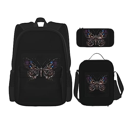 AvImYa Rucksack + Federmäppchen + Lunch-Tasche + Lunch-Tasche Kombination Schultaschen Büchertasche Mädchen Jungen Kinder Studenten Leicht Langlebig Wissenschaft Schmetterling, Schwarz , Einheitsgröße von AvImYa