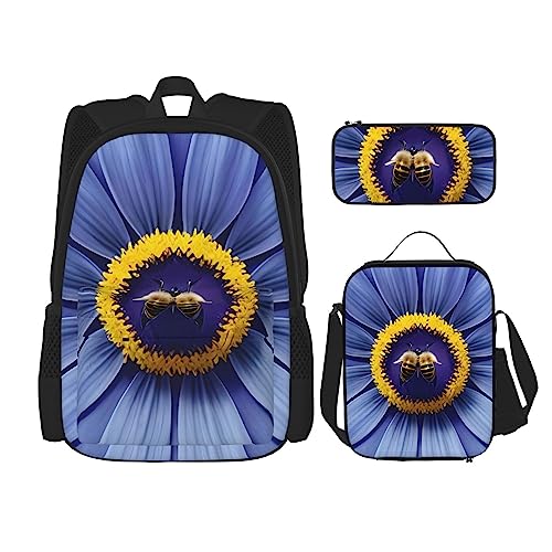 AvImYa Rucksack + Federmäppchen + Lunch-Tasche + Lunch-Tasche Kombination Schultaschen Büchertasche Mädchen Jungen Kinder Studenten leicht langlebig Blume Herz Biene, Schwarz , Einheitsgröße von AvImYa