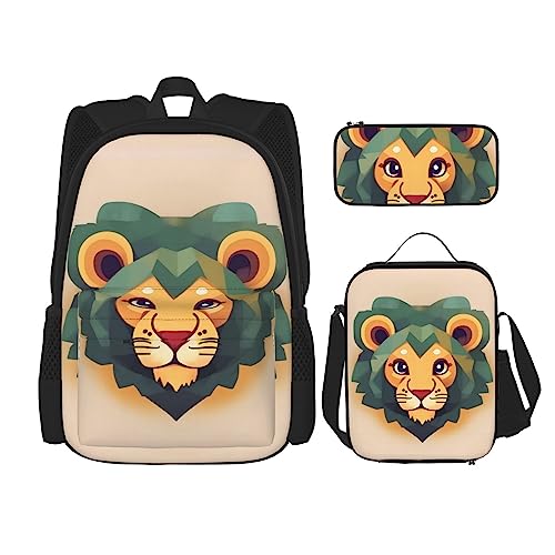 AvImYa Rucksack + Federmäppchen + Lunch-Tasche + Lunch-Tasche Kombination Schultaschen Büchertasche Mädchen Jungen Kinder Studenten leicht langlebig Cartoon Löwe, Schwarz , Einheitsgröße von AvImYa