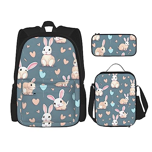 AvImYa Rucksack + Federmäppchen + Lunch-Tasche + Lunch-Tasche Kombination Schultaschen Büchertasche Mädchen Jungen Kinder Studenten leicht langlebig Cartoon niedliches Häschen, Schwarz , Einheitsgröße von AvImYa