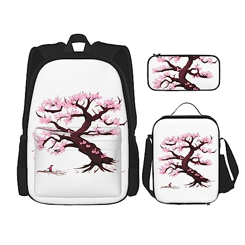 AvImYa Rucksack + Federmäppchen + Lunch-Tasche + Lunch-Tasche Kombination Schultaschen Büchertasche Mädchen Jungen Kinder Studenten leicht langlebig Kirschblüten Baum, Schwarz , Einheitsgröße von AvImYa