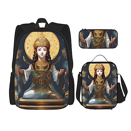 AvImYa Rucksack + Federmäppchen + Lunch-Tasche + Lunch-Tasche Kombination Schultaschen Büchertasche Mädchen Jungen Kinder Studenten leicht langlebig Statue of God, Schwarz , Einheitsgröße von AvImYa