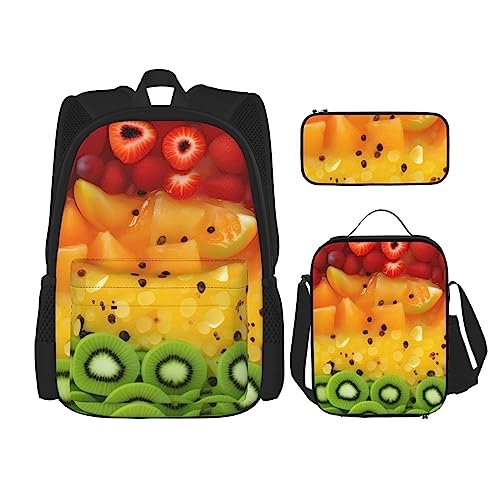 AvImYa Rucksack + Federmäppchen + Lunch-Tasche + Lunch-Tasche Kombination Schultaschen Büchertasche Mädchen Jungen Kinder Studenten leicht langlebig frisches Obst, Schwarz , Einheitsgröße von AvImYa