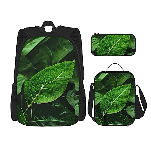 AvImYa Rucksack + Federmäppchen + Lunch-Tasche + Lunch-Tasche Kombination Schultaschen Büchertasche Mädchen Jungen Kinder Studenten leicht langlebig grünes Blatt Natur, Schwarz , Einheitsgröße von AvImYa