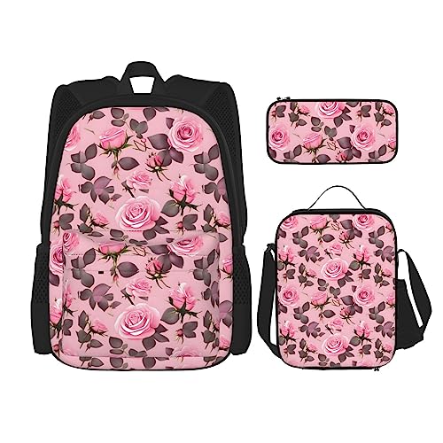 AvImYa Rucksack + Federmäppchen + Lunch-Tasche + Lunch-Tasche Kombination Schultaschen Büchertasche Mädchen Jungen Kinder Studenten leicht langlebig hübsche rosa Rosen, Schwarz , Einheitsgröße von AvImYa