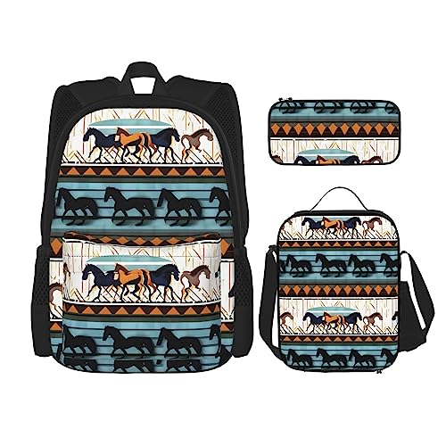 AvImYa Rucksack + Federmäppchen + Lunch-Tasche + Lunch-Tasche Kombination Schultaschen Büchertasche Mädchen Jungen Kinder Studenten leicht strapazierfähig Pferd Streifen Muster, Schwarz , von AvImYa