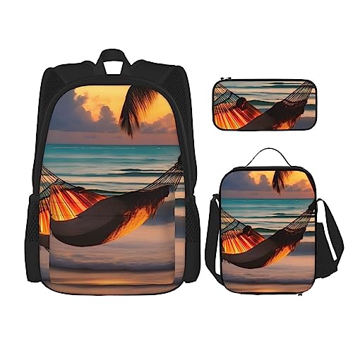 AvImYa Rucksack + Federmäppchen + Lunchtasche Kombination Schultaschen Büchertasche Mädchen Jungen Kinder Studenten Leicht Langlebig Sonnenuntergang Strand Hängematte, Schwarz , Einheitsgröße von AvImYa