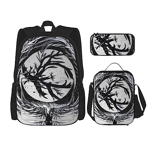 AvImYa Rucksack + Federmäppchen + Lunchtasche Kombination Schultaschen Büchertasche Mädchen Jungen Kinder Studenten leicht langlebig The Abstraktionist Tree, Schwarz , Einheitsgröße von AvImYa