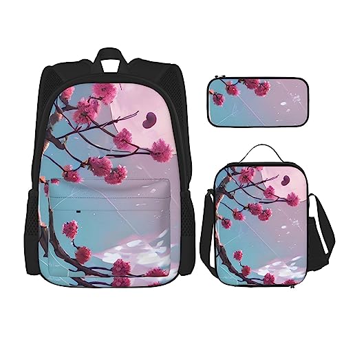 AvImYa Rucksack + Federmäppchen + Lunchtasche Kombination Schultaschen Büchertasche Mädchen Jungen Kinder Studenten leicht langlebig kleine rosa Blumen, Schwarz , Einheitsgröße von AvImYa