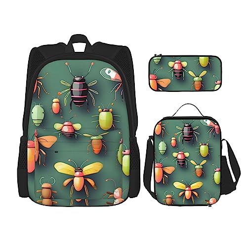 Rucksack + Federmäppchen + Lunch-Tasche + Lunch-Tasche Kombination Schultaschen Büchertasche Mädchen Jungen Kinder Studenten Leicht Langlebig Insekt Atlas, Schwarz , Einheitsgröße von AvImYa