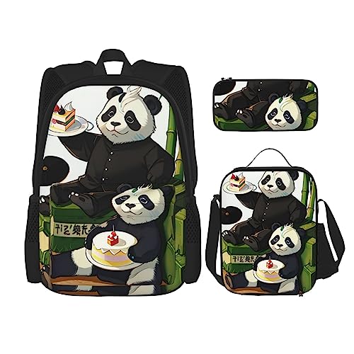 Rucksack + Federmäppchen + Lunch-Tasche + Lunch-Tasche Kombination Schultaschen Büchertasche Mädchen Jungen Kinder Studenten leicht langlebig Pandas von Vater und Sohn, Schwarz , Einheitsgröße von AvImYa