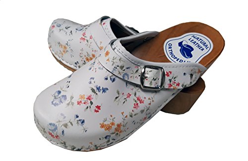 Aves-24 Clogs Pantolette Blumen Punkte Sandalette Holz + Leder Tolle Farben Holzschuhe (36, Blumen Bunt) von Aves-24