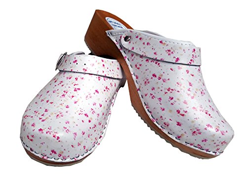 Aves-24 Clogs Pantolette Blumen Punkte Sandalette Holz + Leder Tolle Farben Holzschuhe (40, Blumen Rosa) von Aves-24