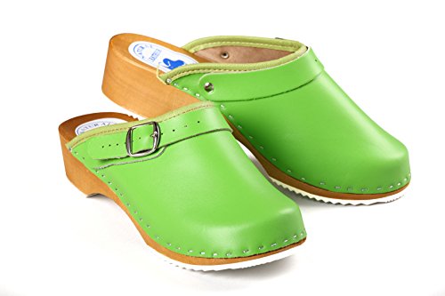 Aves-24 Clogs Pantolette Sandalette Holz + Leder Holzclogs Gr. 36-41 Holzschuhe (38, Grün) von Aves-24