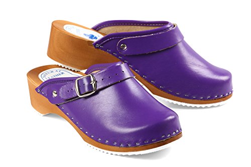 Aves-24 Clogs Pantolette Sandalette Holz + Leder Holzclogs Gr. 36-41 Holzschuhe (41, Lila) von Aves-24