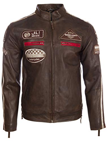 Aviatrix Herren Echtleder Bikerjacke mit Bandkragen und Rennabzeichen (CXUS) von Aviatrix