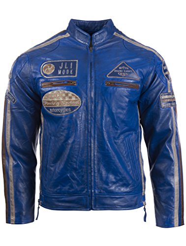 Herren echtes Leder Bikerjacke mit Bandkragen und Rennabzeichen von MDK, Blau, L von Aviatrix